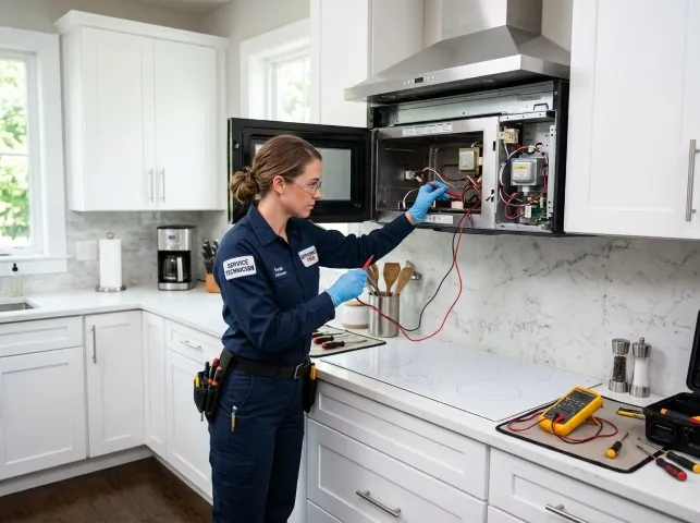 Appliance Repair Hero technician testing an over-the-range microwave in a Brockton, MA kitchen